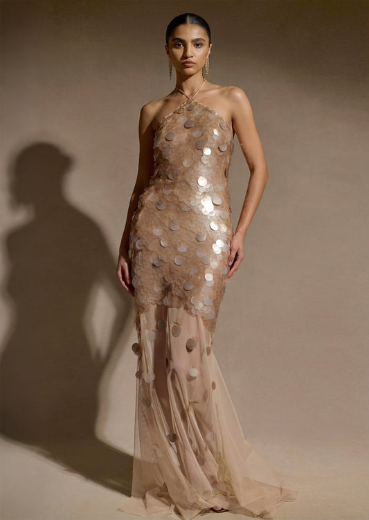 Hand Embellished Maxi Dress In Gold