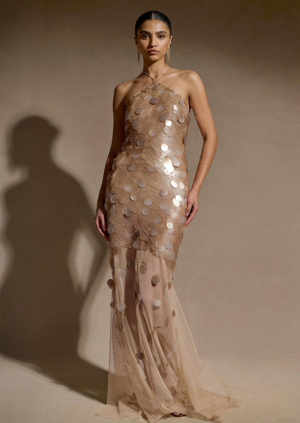 Hand Embellished Maxi Dress In Gold