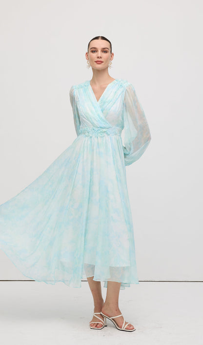 V Neck Ruched Waist Pleated Midi Dress