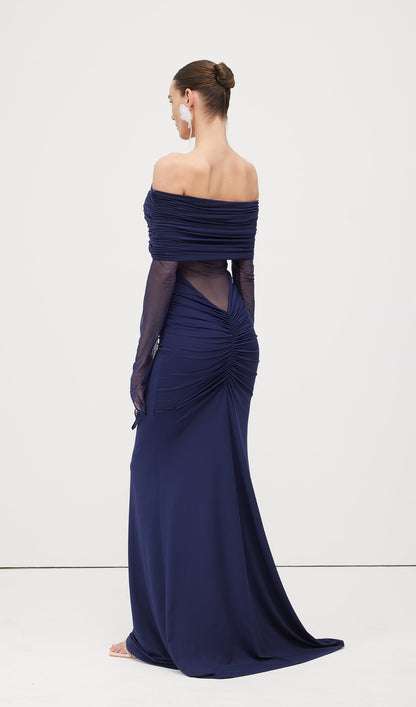 One Shoulder Slinky Ruched Maxi Dress-Blue