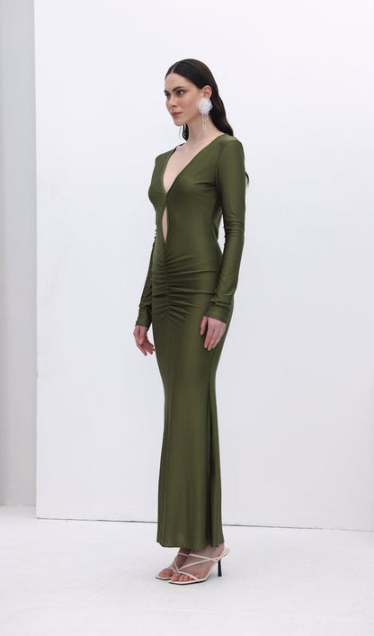 V Neck Ruched Maxi Dress