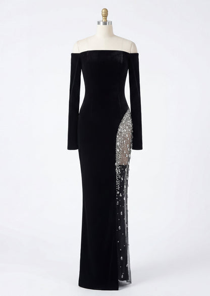 Jean Off Shoulder Velvet Maxi Dress In Black