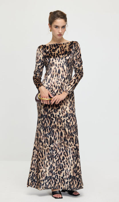 Leopard Printed Velvet Maxi Dress