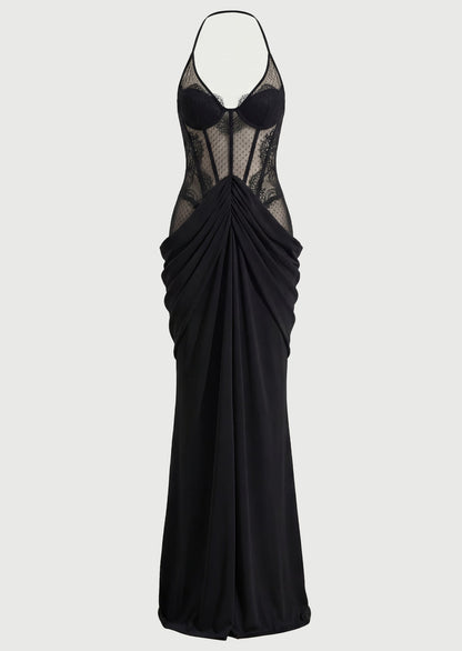 Lace Fishbone Patchwork Sleeveless Maxi Dress Black