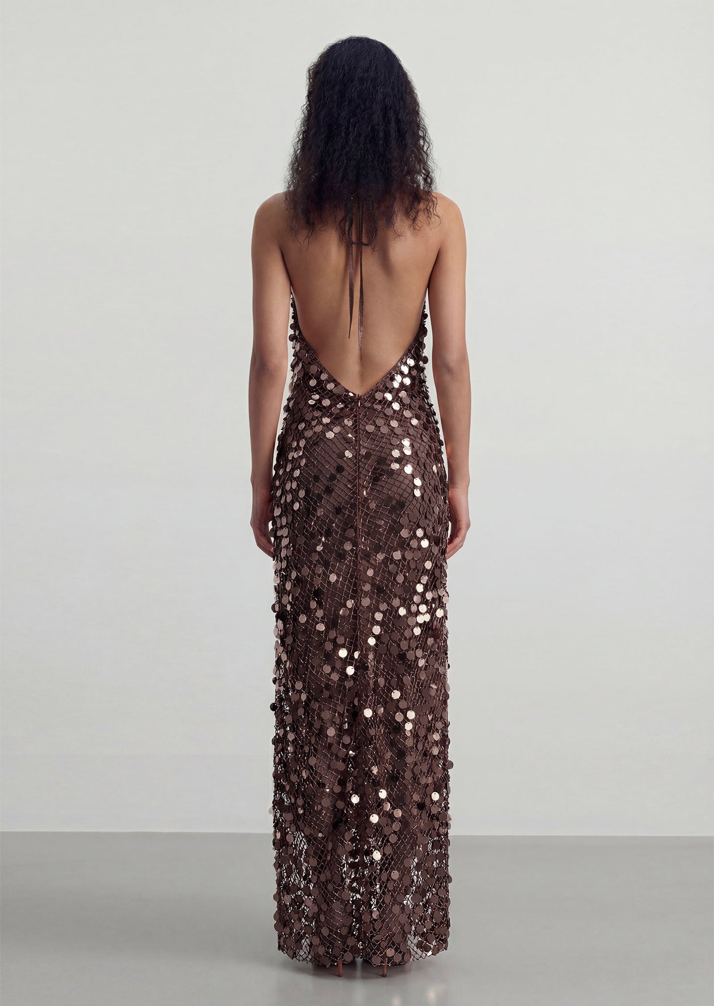Halter Sequin Fishnet Maxi Dress In Reddish Brown