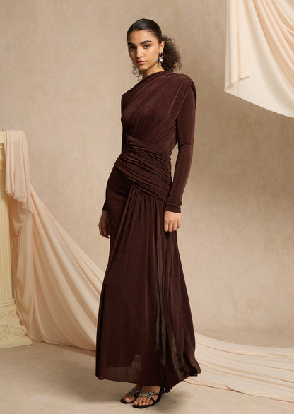 Asymmetrical Maxi Dress With Draped Hip In Brown