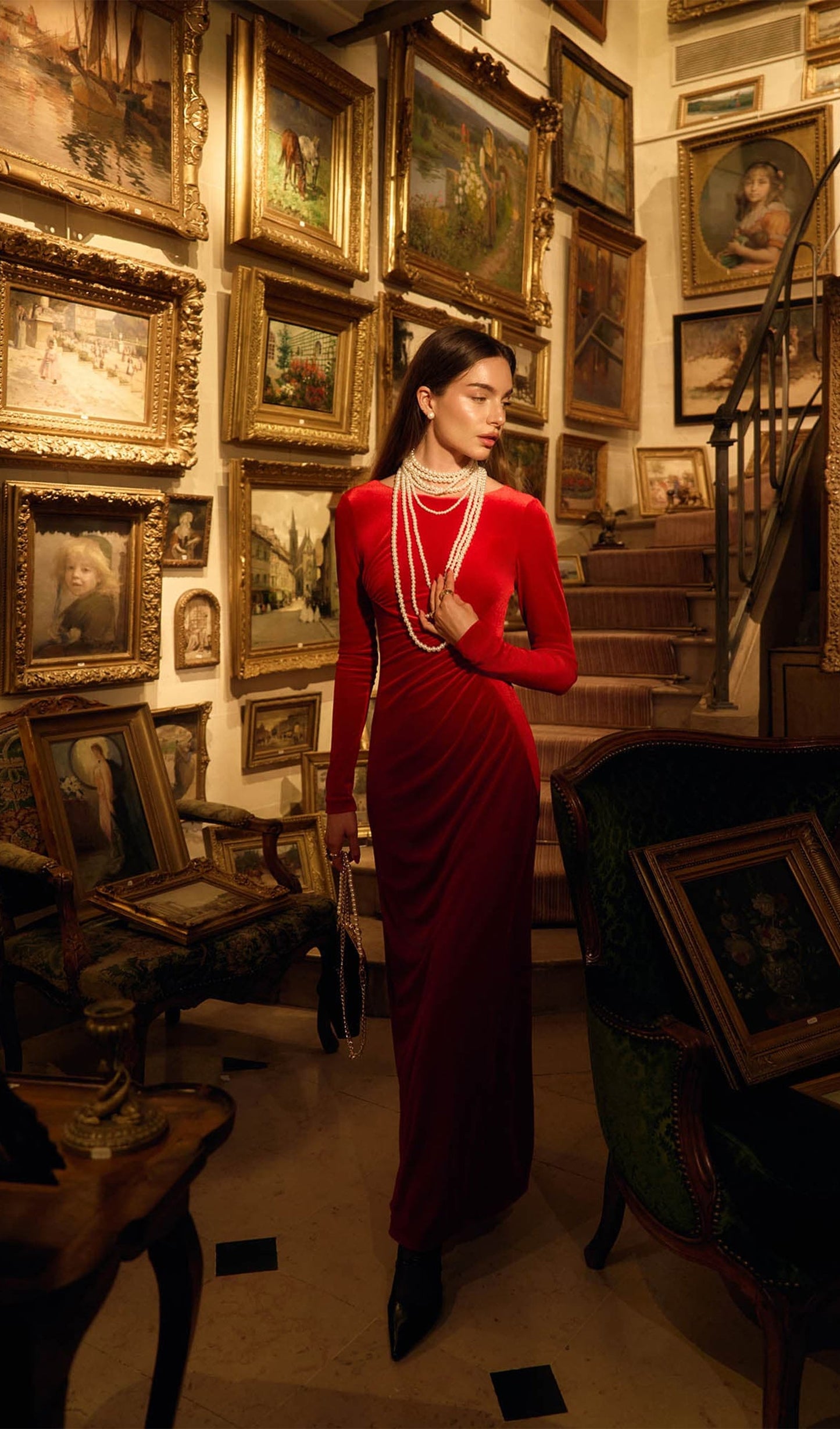 Long Sleeved Gathers  Maxi Dress Red