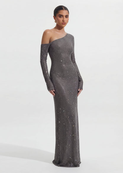 Diamante Long Sleeve Maxi Dress In Gunmetal