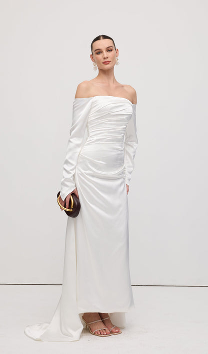 Satin Off Shoulder Ruched Maxi Dress