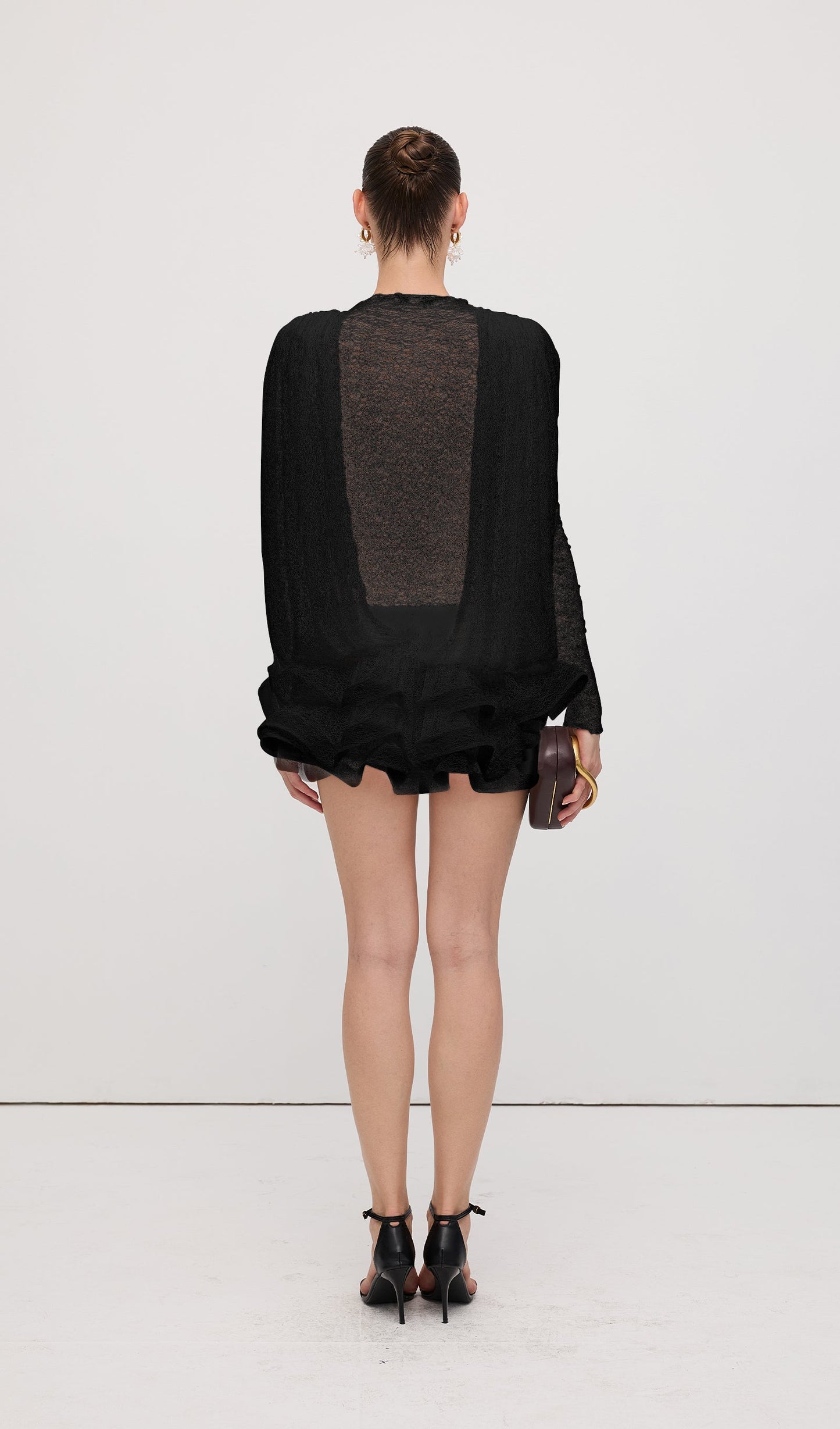 Lace Semi Sheer Ruffled Mini Dress In Black