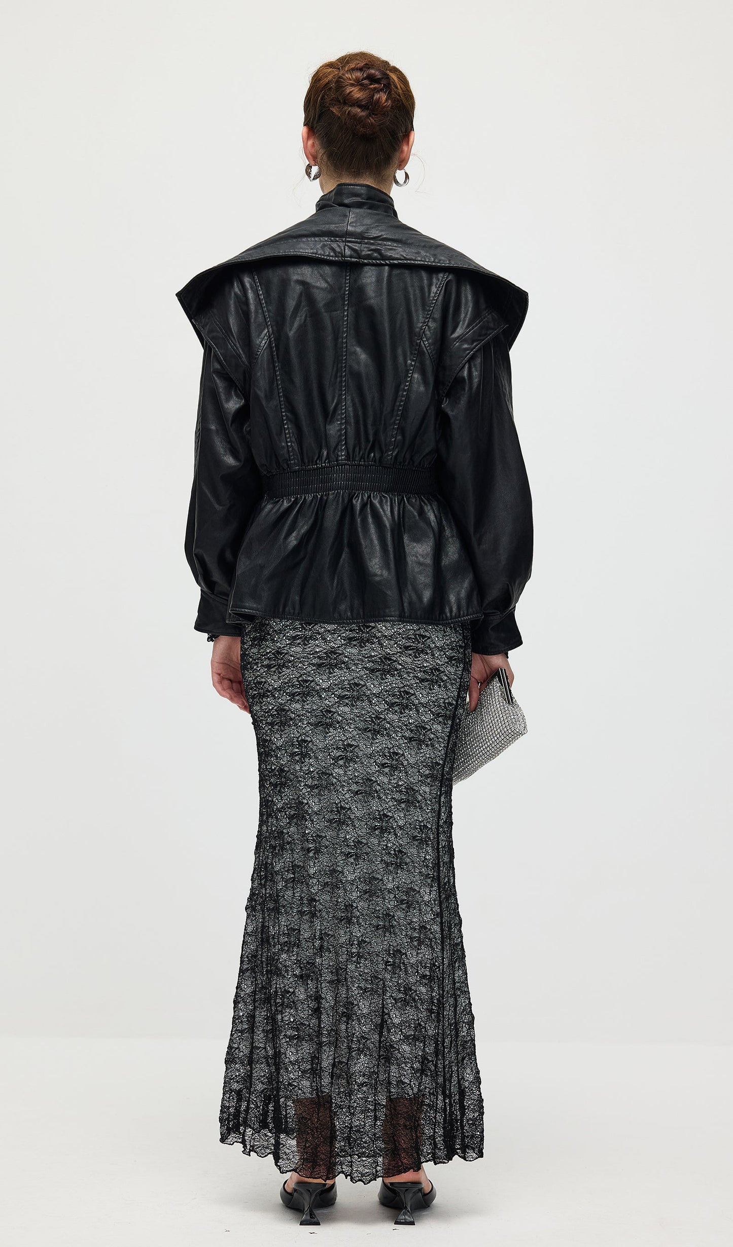 Waisted Lapel Leather Jacket In Black