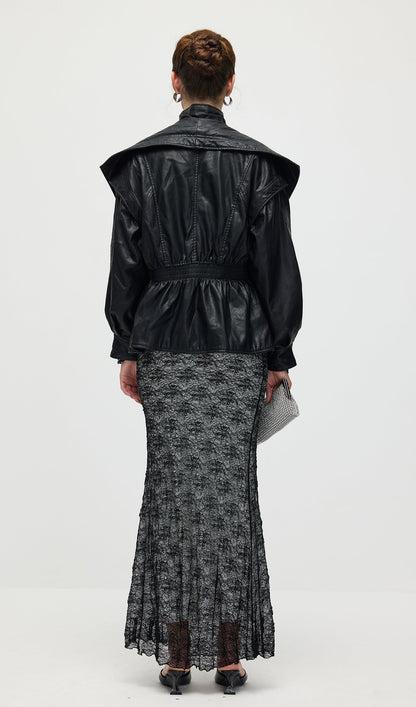 Waisted Lapel Leather Jacket In Black
