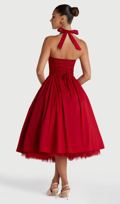 Square Halter Neckline Voluminous Midi Dress In Red