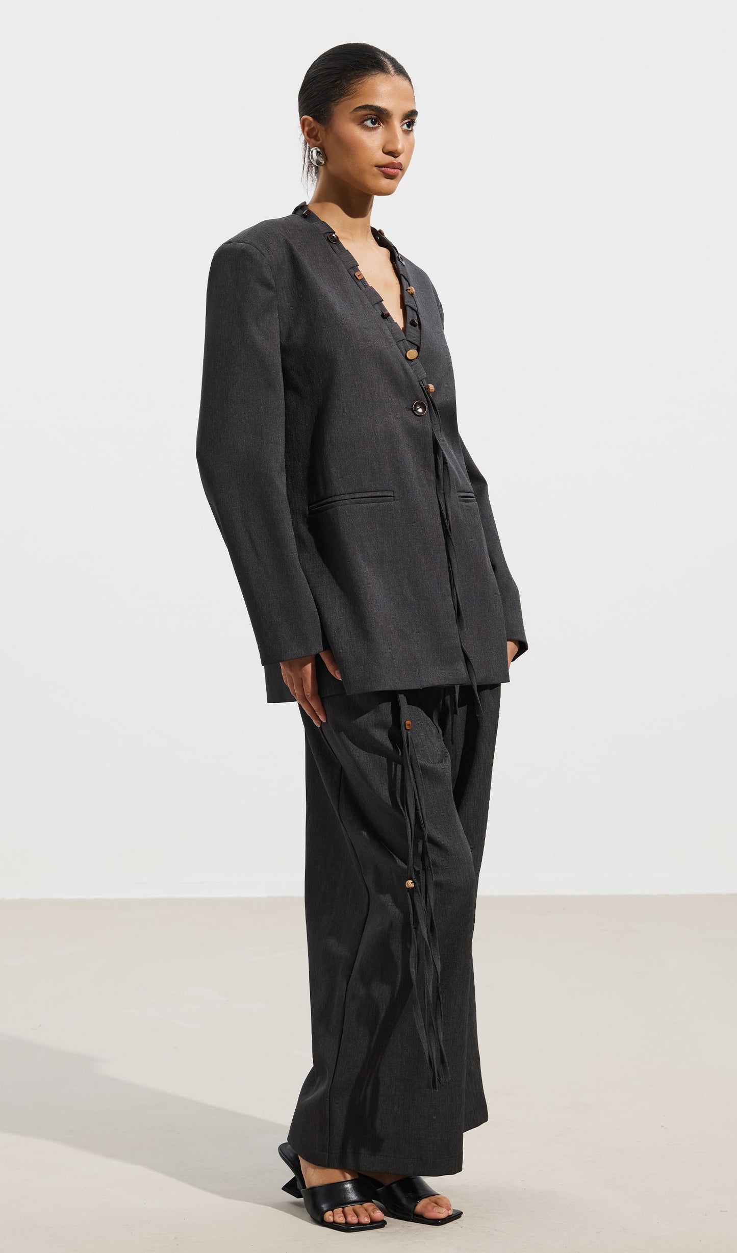 Wooden Button Top & Belted Suit Pants Set