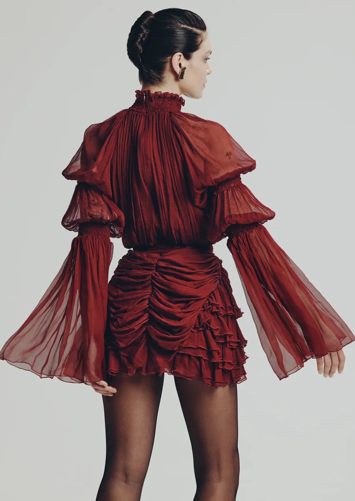 Pleated Silk-Chiffon Slit Mini Dress In Claret