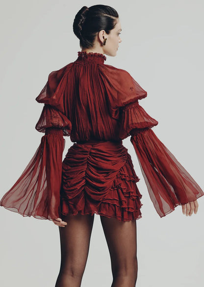 Pleated Silk-Chiffon Slit Mini Dress In Claret