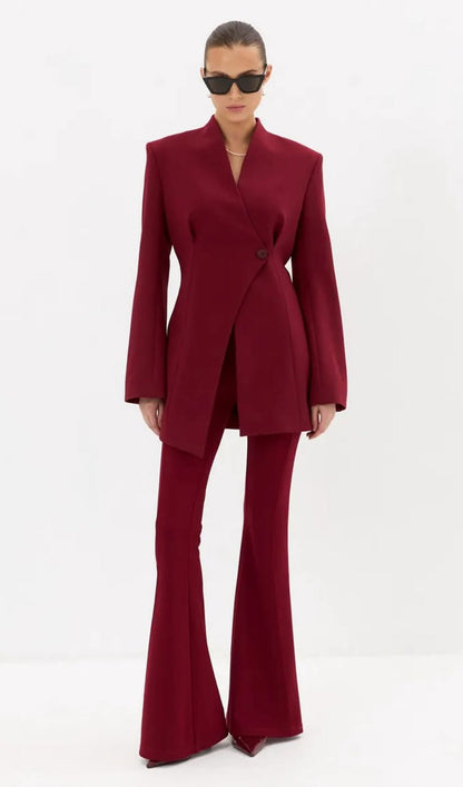 V Neck Long Sleeve Blazer In Claret