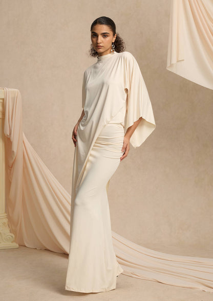 Hiba Asymmetrical Blouse & Maxi Skirt With Draped Set