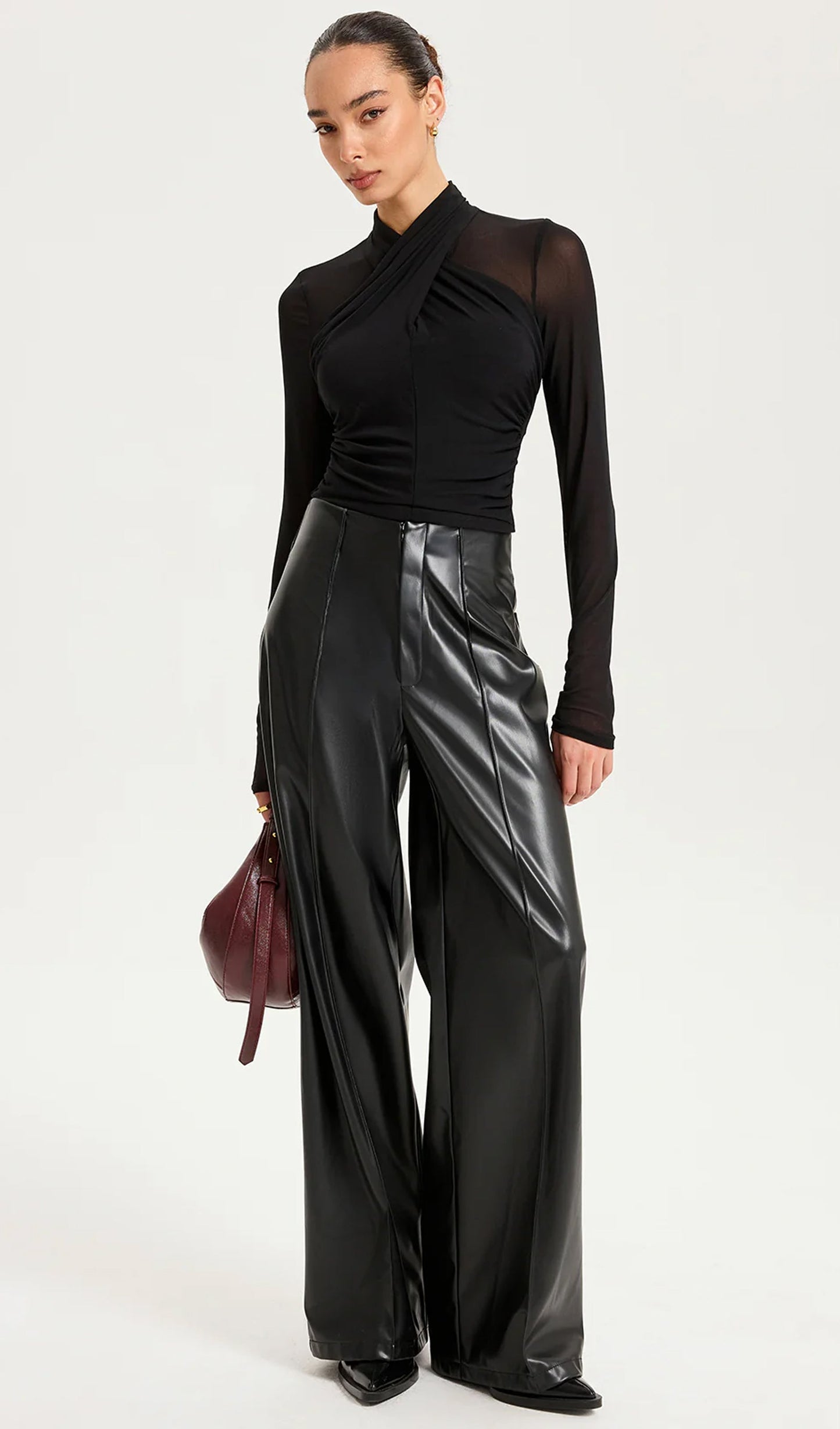 Cross-Front Sheer Mesh Long-Sleeve Top Black