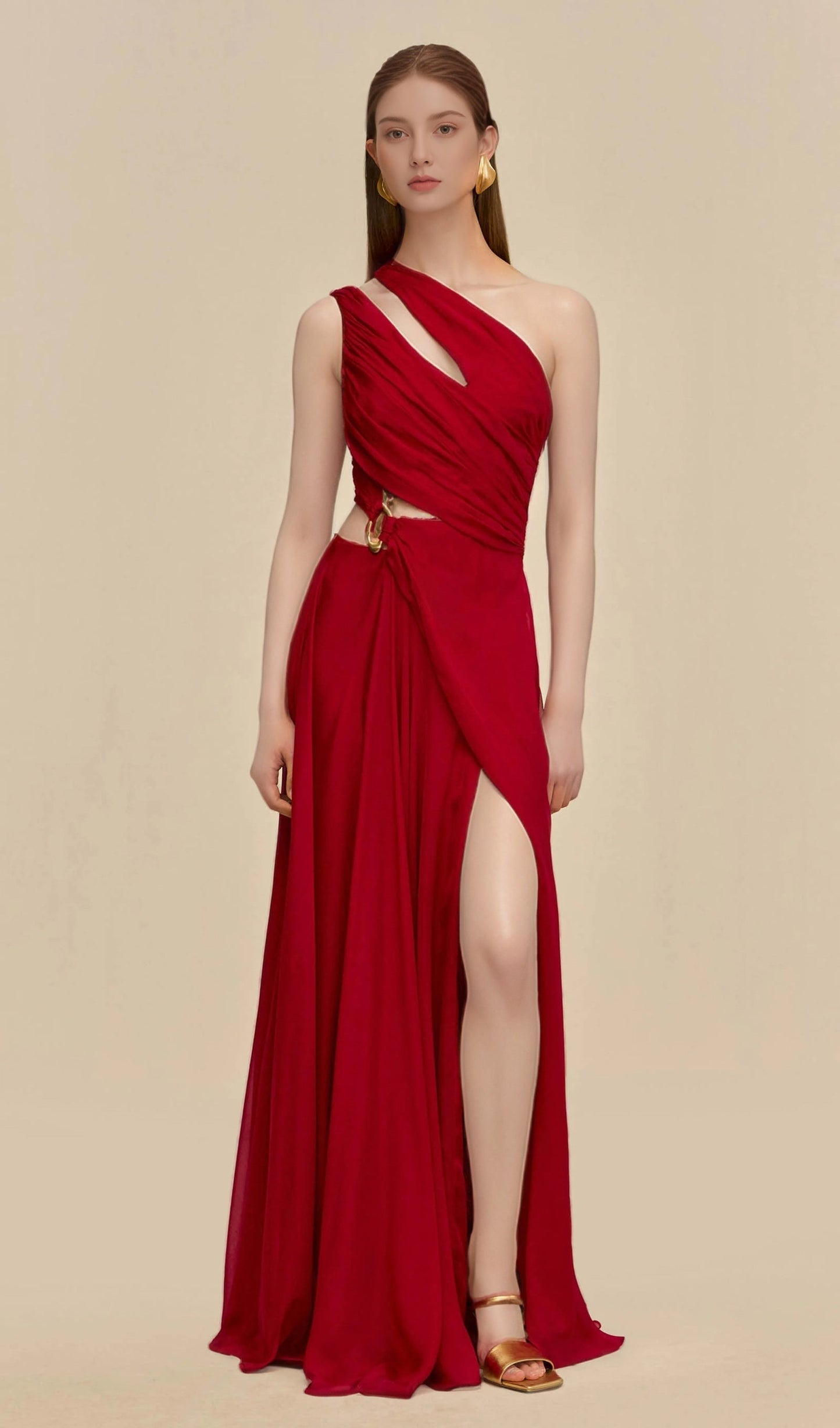 Draped One Shoulder Silk Gown In Red
