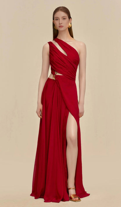 Draped One Shoulder Silk Gown In Red