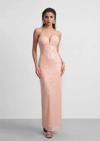 Cambria Bow Sequin Scalloped Maxi Dress In Pink