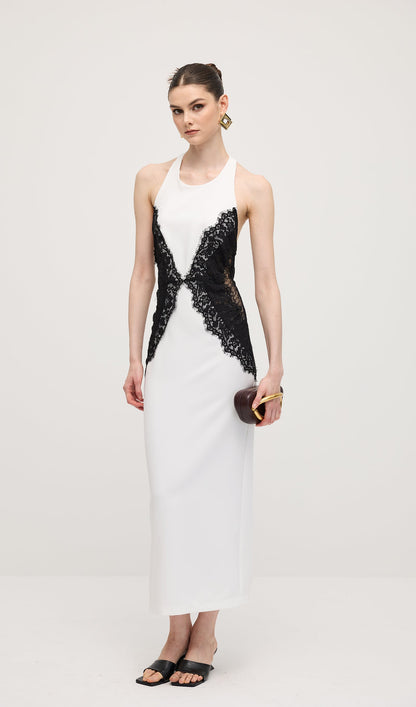Open Back Maxi Dress In Crepe & Lace