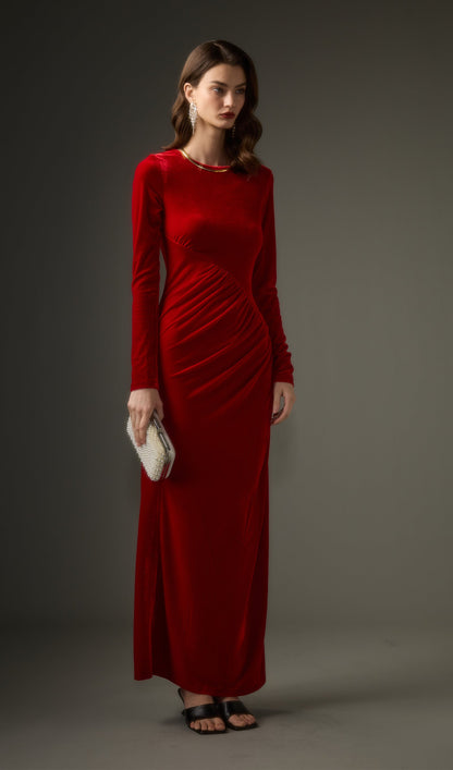 Long Sleeved Gathers  Maxi Dress In Red