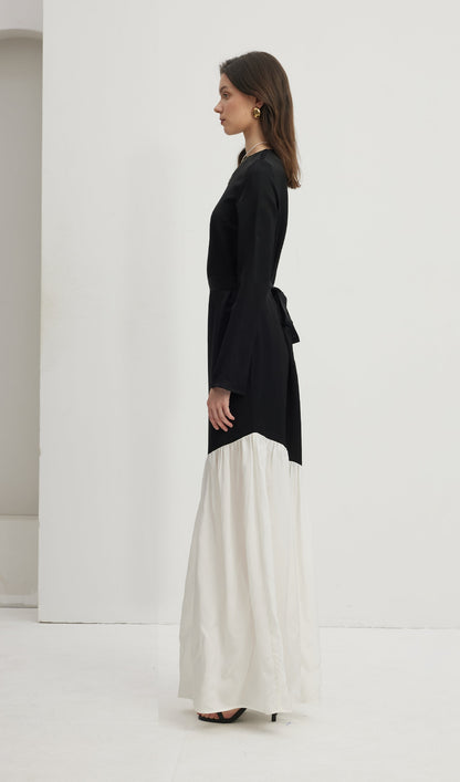 Asymmetrical Black/White Colorblock Maxi Dress