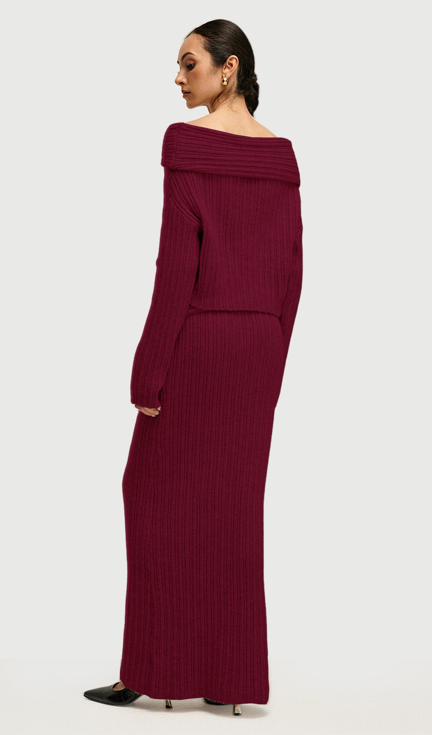 Off Shoulder Knitted Two Piece Set In Red