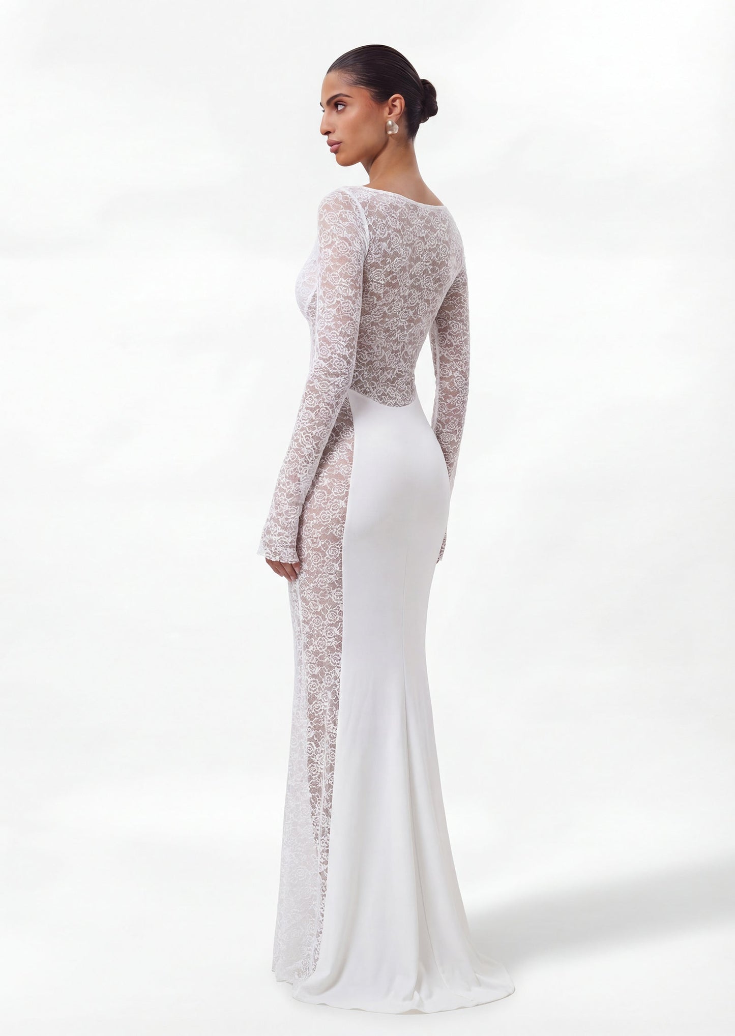 Long Sleeve Lace Panelled Maxi Dress In White