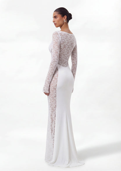 Long Sleeve Lace Panelled Maxi Dress In White