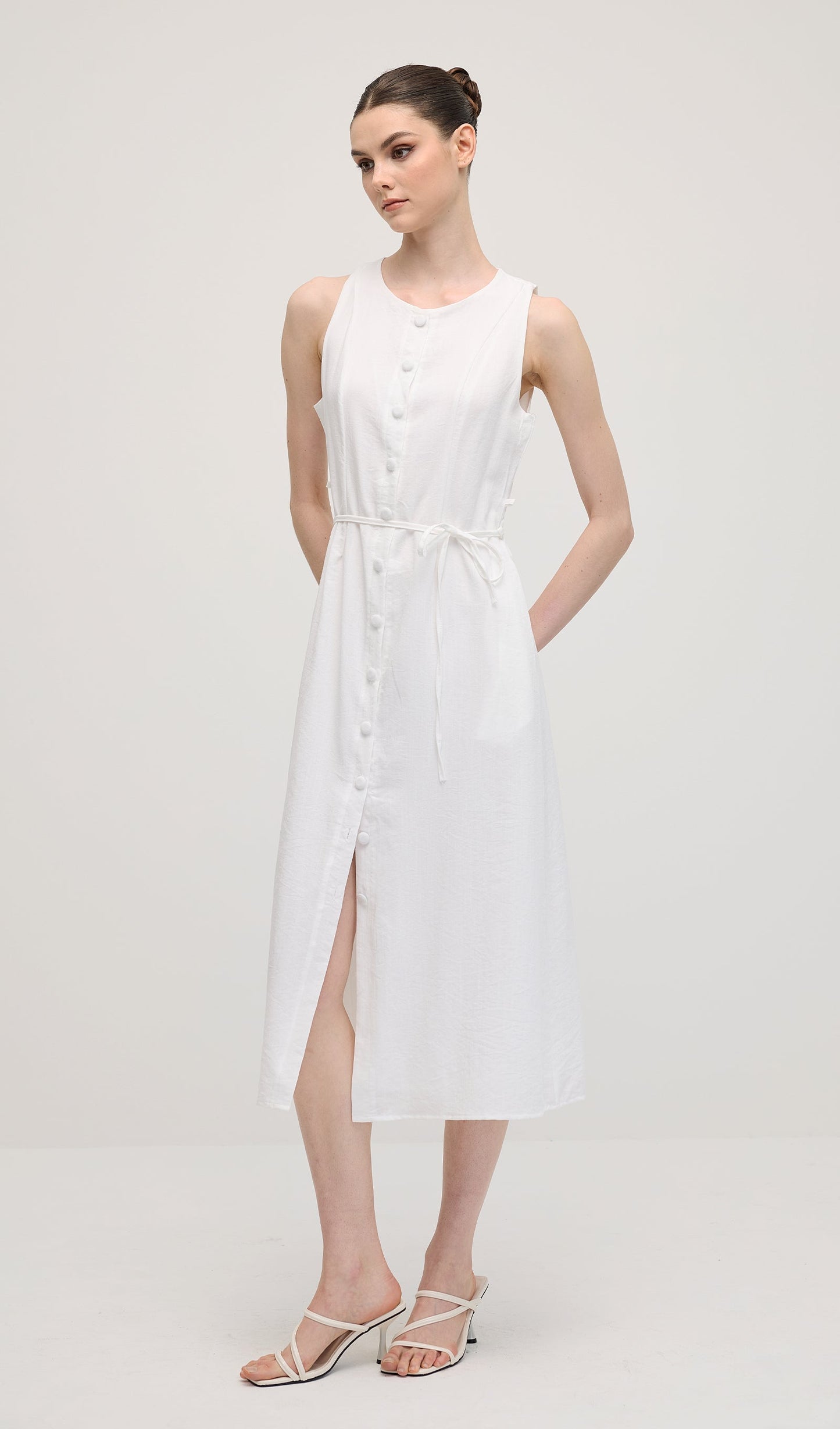 Solid Button Waistcoat Midi Dress In White