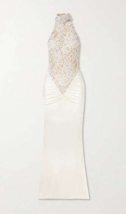 Gathered Lace Jersey Halterneck Dress