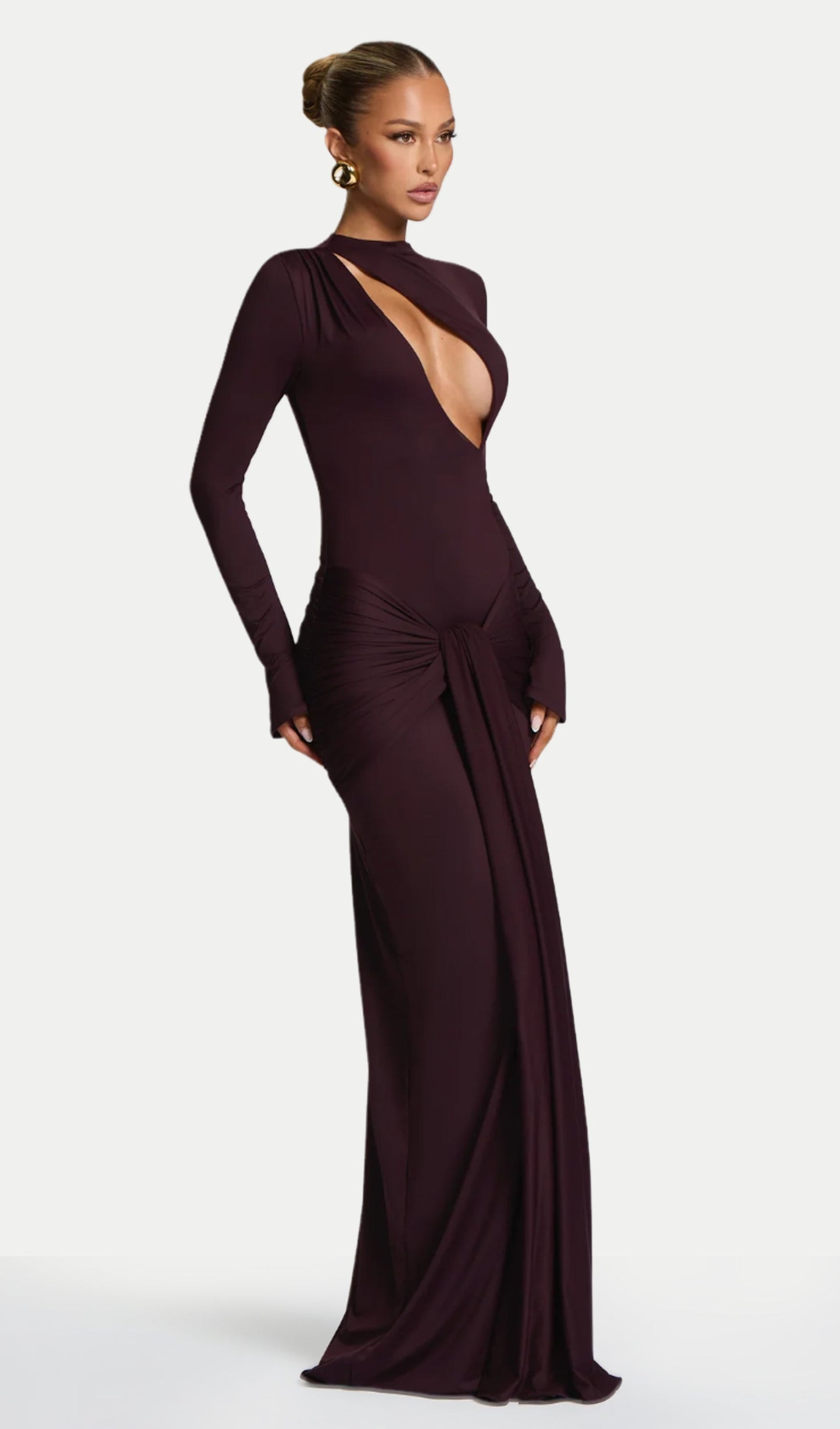 Solid Gathered Tie Cut-Out Maxi Dress