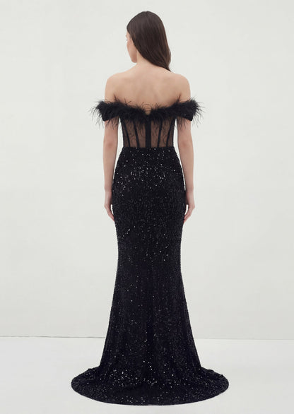 Sparkle Embroidered Feather Bustier Maxi Dress
