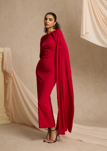 Layali Rose High Neck Maxi Dress With Cape