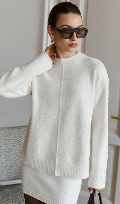 Textured Knitted Jumper & Mini Skirt Set White