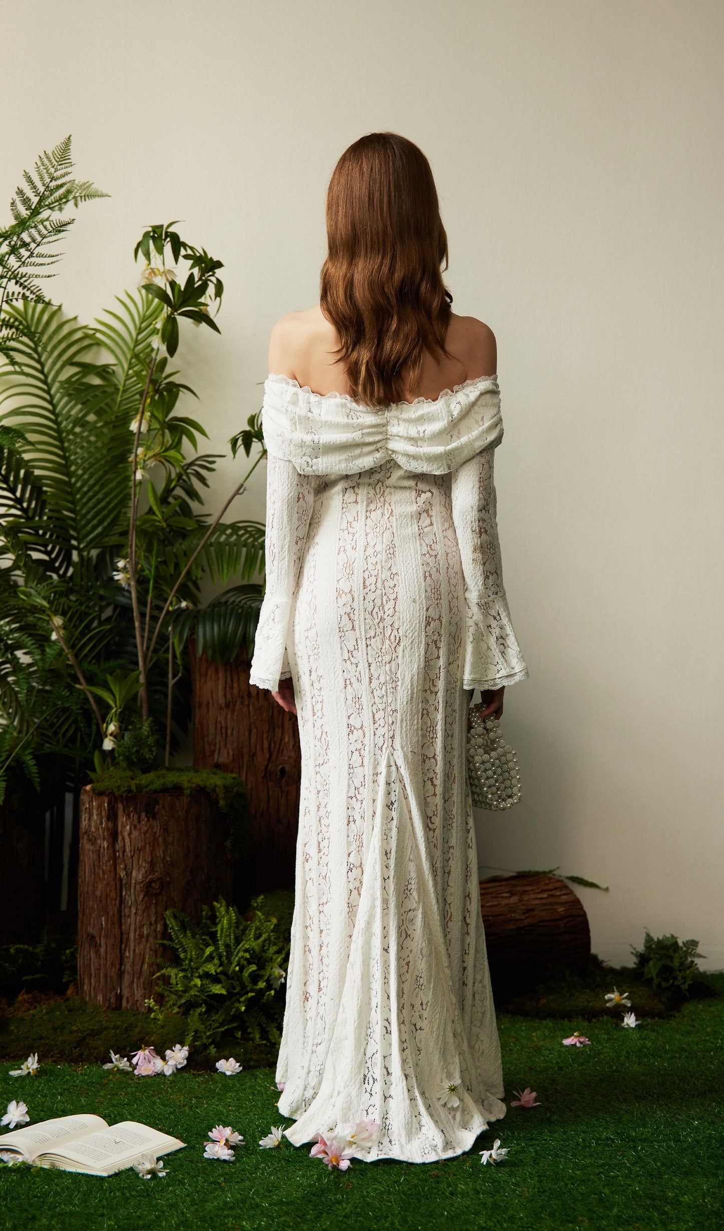 Vintage Floral Lace Off Shoulder Maxi Dress