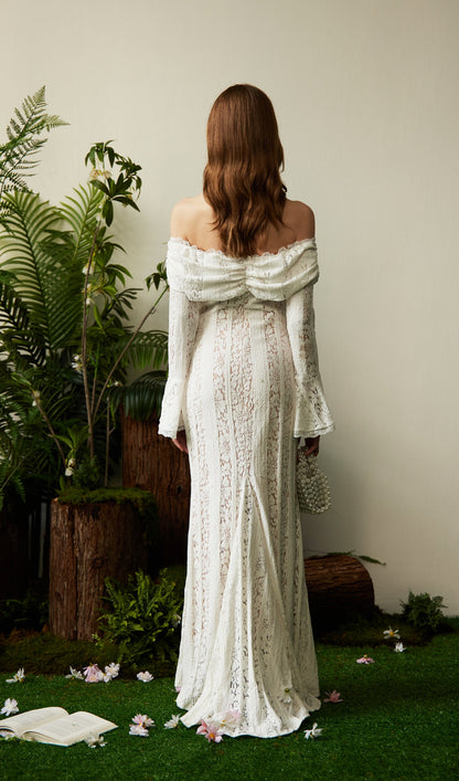 Vintage Floral Lace Off Shoulder Maxi Dress
