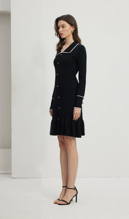 Fitted Textured Jersey Mini Dress-Black