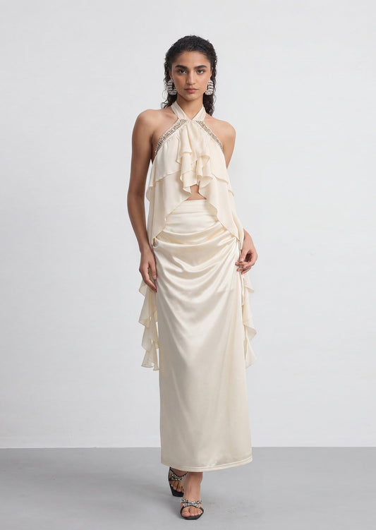 Romelle Halter Ruffled Top & Maxi Satin Skirt Set