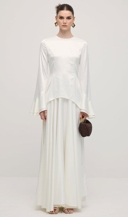 Asymmetrical Draped Bodice Ruffle Maxi Dress
