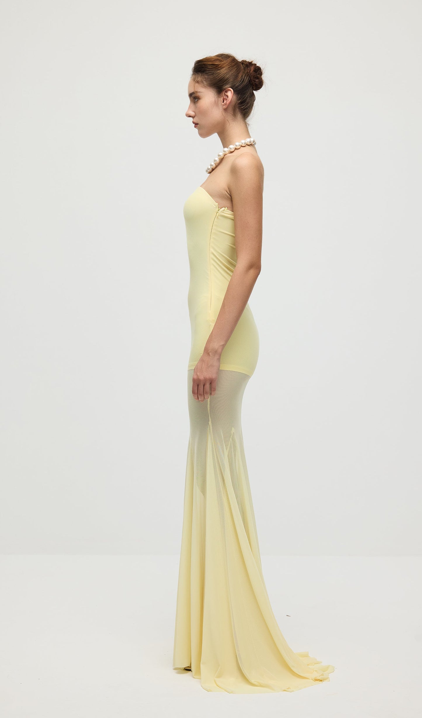 Off Shoulder Jersey With Mesh Maxi Dress In Yellow