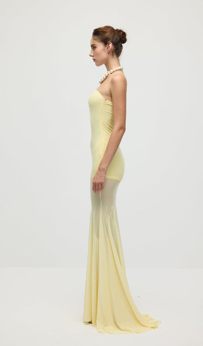 Off Shoulder Jersey With Mesh Maxi Dress In Yellow