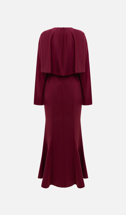 Maxi Dress With Voluminous Cape In Claret