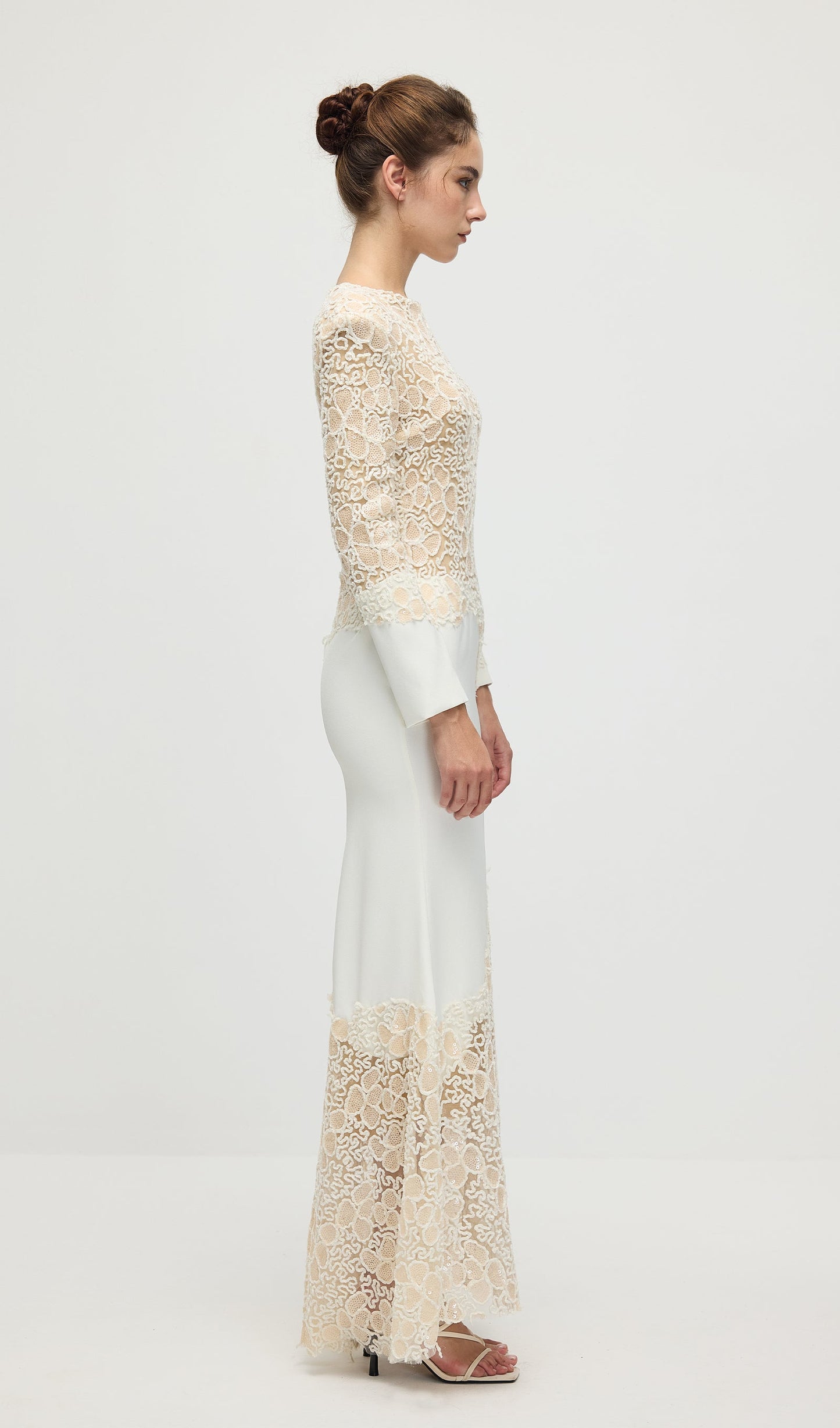 Textured Floral Embroidered Sequined Maxi Dress In Ivory
