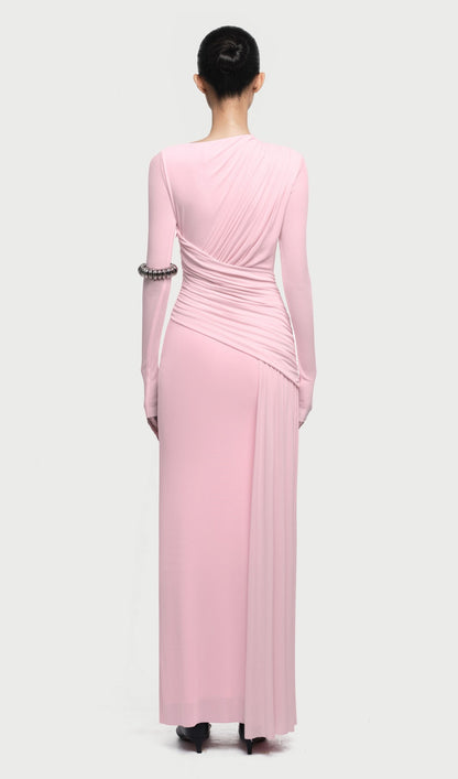 Asymmetrical Maxi Dress With Draped Hip In Pink