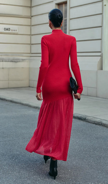 Mock Neck Pleated Panel Sweater Dress