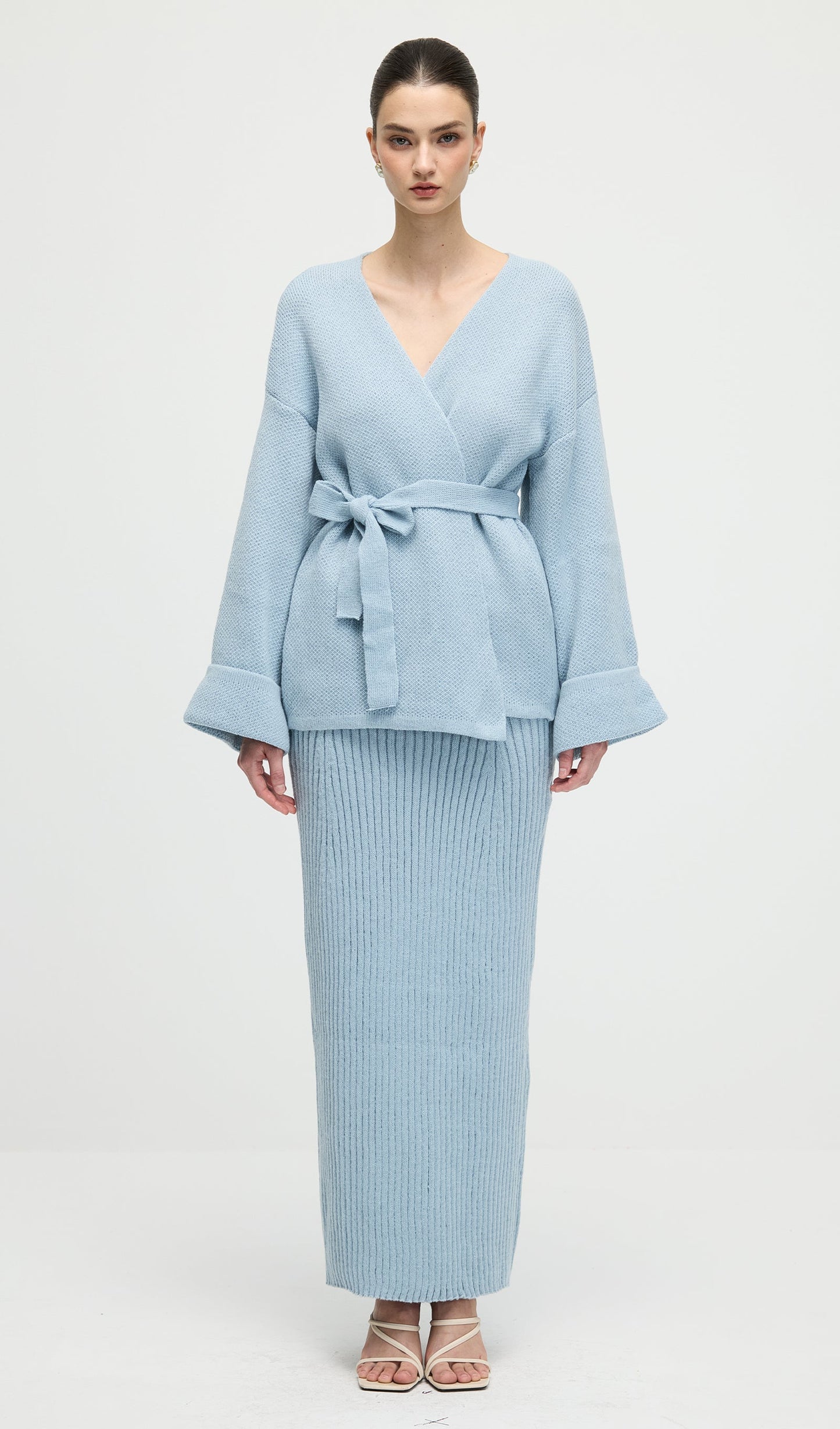 V Neck Waist Tie Knitted Top & Skirt Set